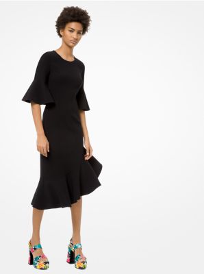Robe en cr&ecirc;pe de laine extensible &agrave; double face et &agrave; volants in NOIR | Michael Kors