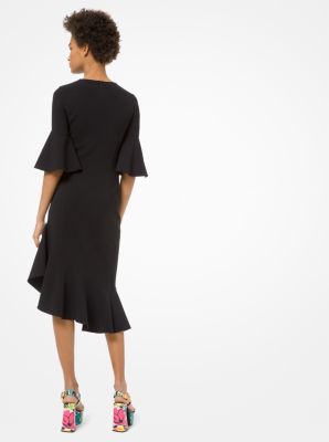 Double-Face Stretch Wool-Crepe Ruffle Dress in BLACK | Michael Kors