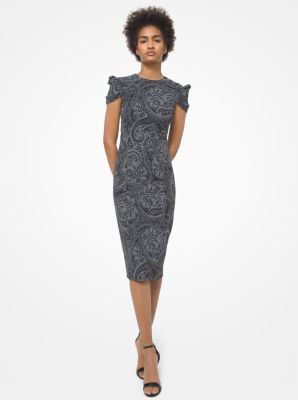 Paisley Stretch Cady Draped-Sleeve Sheath Dress