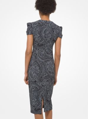 Paisley Stretch Cady Draped-Sleeve Sheath Dress