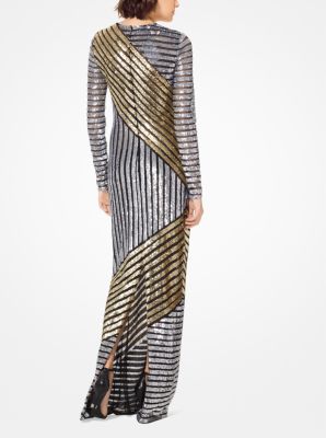 Stripe Sequined Stretch-Tulle Gown