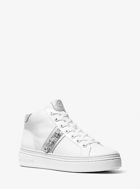 마이클 마이클 코어스 Michael Michael Kors Chapman Embellished Leather and Canvas High-Top Sneaker,OPTIC WHITE