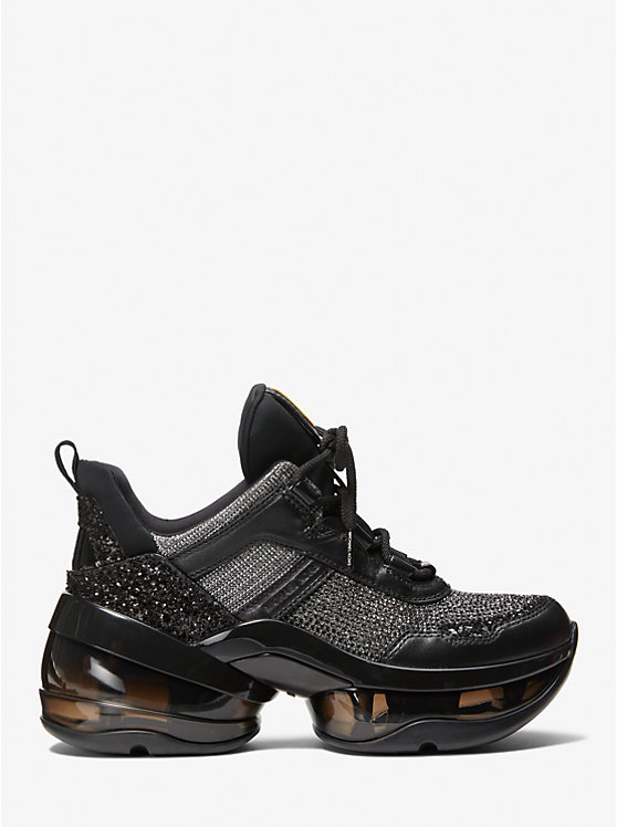 Olympia Extreme Embellished Leather and Glitter Chain-Mesh Trainer