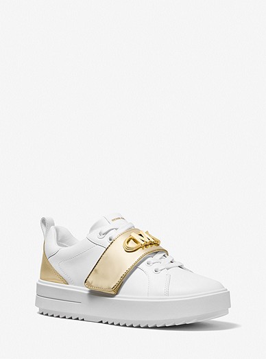 Michael Kors Emmett Two-tone Logo Embellished Leather Sneaker in White Womens Trainers Michael Kors Trainers 