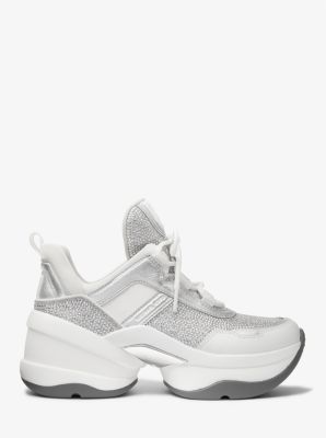 Olympia Embellished Mixed-Media Trainer in SILVER | Michael Kors