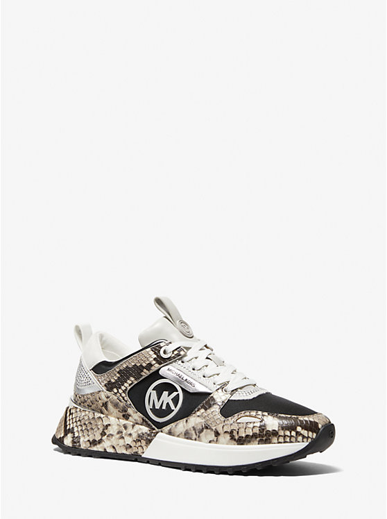 Theo Embellished Snake Embossed Leather and Canvas Trainer image number 0