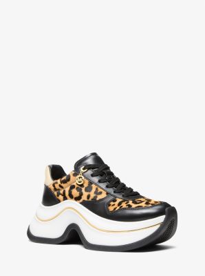 Michael Kors Arla Leopard Print Calf Hair And Leather Trainer In Multi