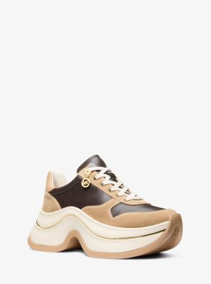 Michael Kors Arla Leather And Suede Trainer In Brown