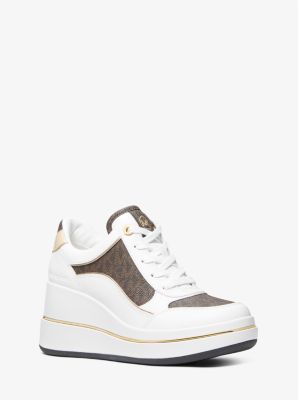 Michael Kors Emmy Signature Logo And Leather Wedge Trainer In Brown