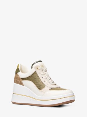 Michael Kors Emmy Mixed-media Wedge Trainer In White