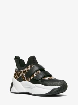 michael michael kors olympia leopard calf hair and leather trainer