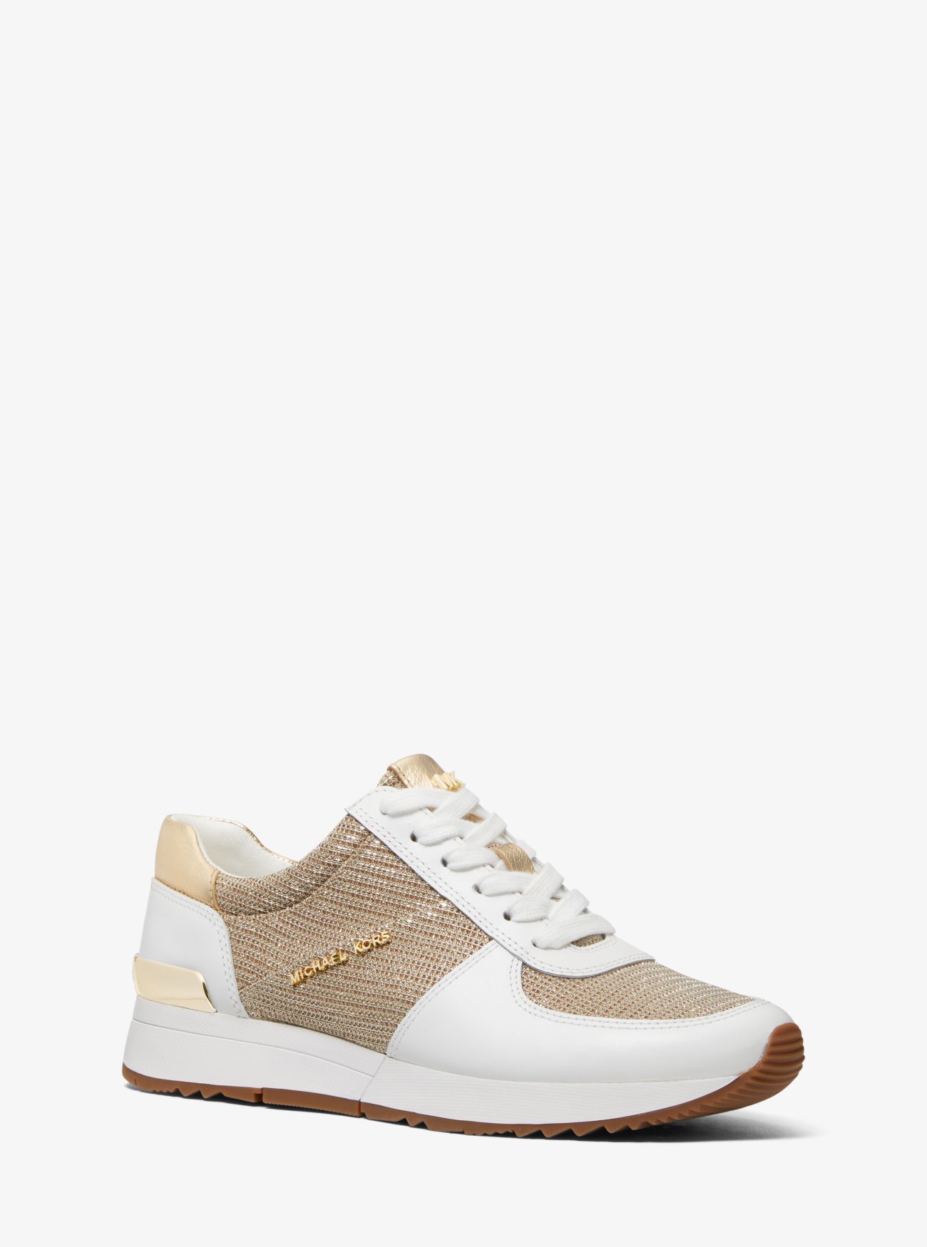 MK Allie Leather and Glitter Chain-Mesh Trainer - Pale Gold - Michael Kors