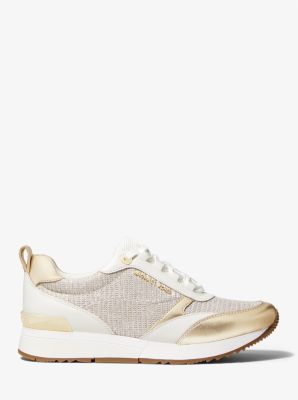 Allie Stride Leather and Glitter Chain-Mesh Trainer