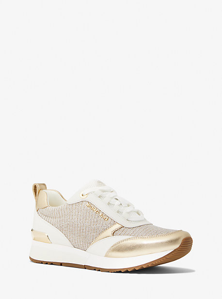 MK Allie Stride Leather and Glitter Chain-Mesh Trainer - Champagne - Michael Kors