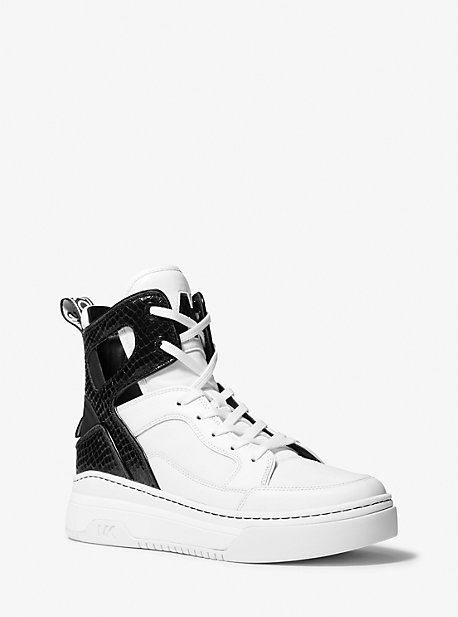 마이클 마이클 코어스 스니커즈 Michael Michael Kors Matson Mixed-Media Logo Tape High-Top Sneaker,OPTIC WHITE