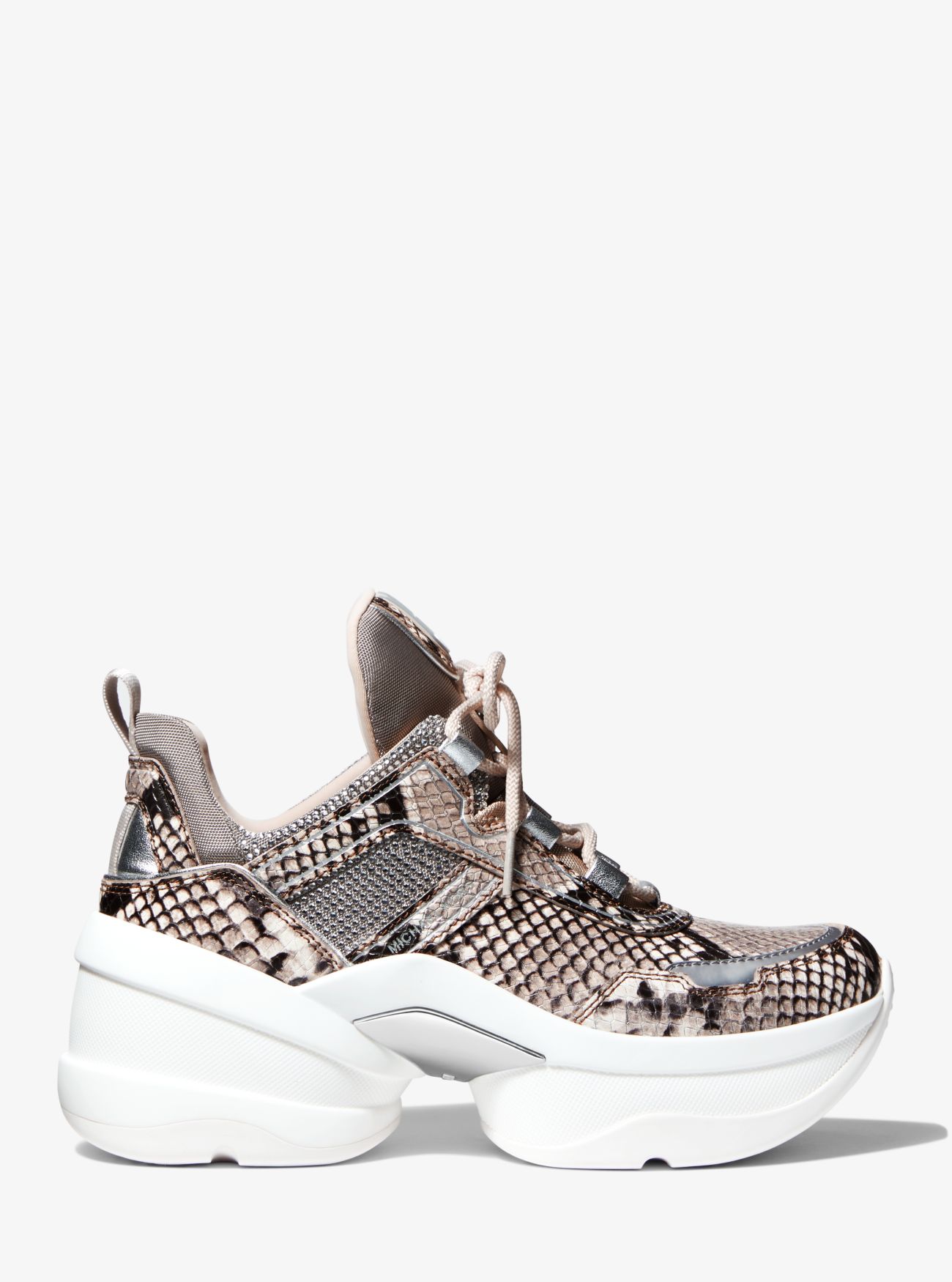 MK Olympia Embellished Snake Embossed Leather Trainer - Sand - Michael Kors