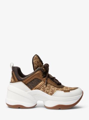 Olympia Logo Jacquard and Metallic Leather Trainer | Michael Kors