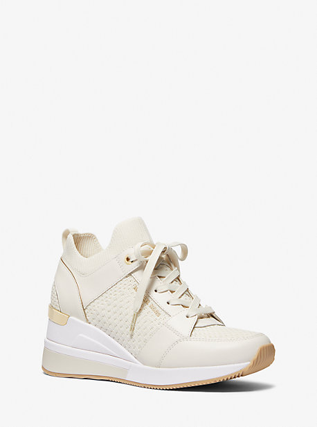 MK Georgie Textured Knit and Leather Trainer - Cream - Michael Kors