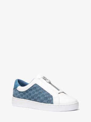 Keaton Logo Embossed Denim and Leather Zip-Up Sneaker