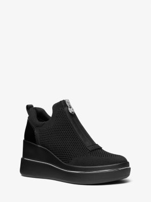 Emmy Stretch Knit Zip Wedge Trainer in BLACK/BLACK | Michael Kors