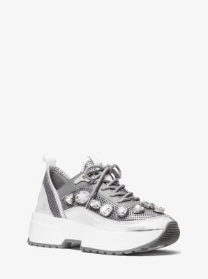 Chaplin Jewel Embellished Metallic Mesh and Leather Trainer