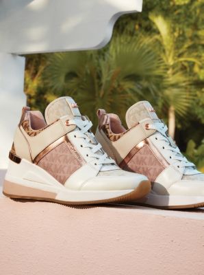 New Michael Kors Monique Trainer Lace Up Sneakers MK Denim White Multi
