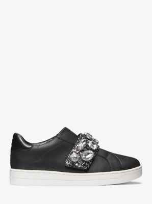 Kenna Leather and Jewel Embellished Glitter Sneaker in BLACK | Michael Kors