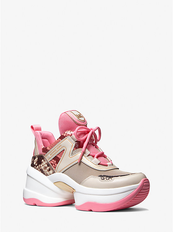 Olympia Two-Tone Python Embossed Leather and Canvas Trainer image number 0