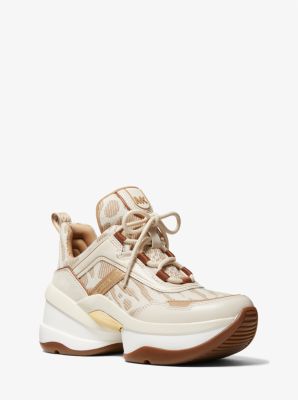 Olympia Leather and Animal Print Jacquard Trainer in CAMEL COMBO | Michael Kors