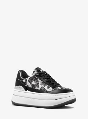 Shop Michael Kors Hayes Leopard Logo And Leather Platform Sneaker In Black