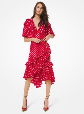 Polka Dot Silk Crepe De Chine Asymmetric Ruffle Dress | Michael Kors