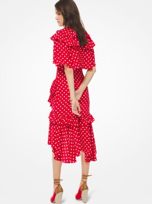 Polka Dot Silk Crepe De Chine Asymmetric Ruffle Dress | Michael Kors