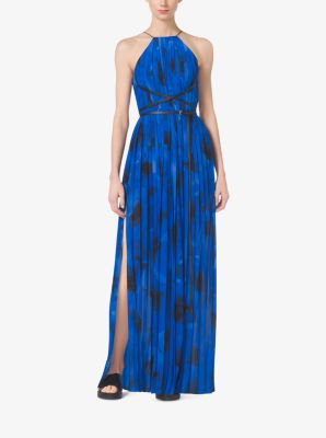 Poppy-Print Pleated Silk-Georgette Column Gown