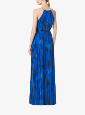 Poppy-Print Pleated Silk-Georgette Column Gown