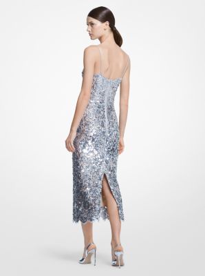 Robe fourreau en dentelle brodée à la main avec motifs floraux et à paillettes image number 1