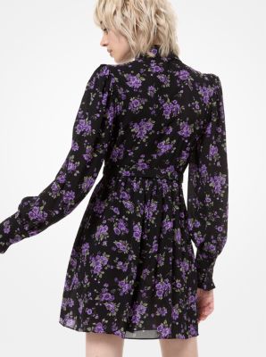 Robe chemisier en cr&ecirc;pe georgette de soie &agrave; volants et &agrave; motif floral