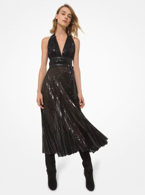 Leather Trim Sequined Tulle Halter Dress | Michael Kors