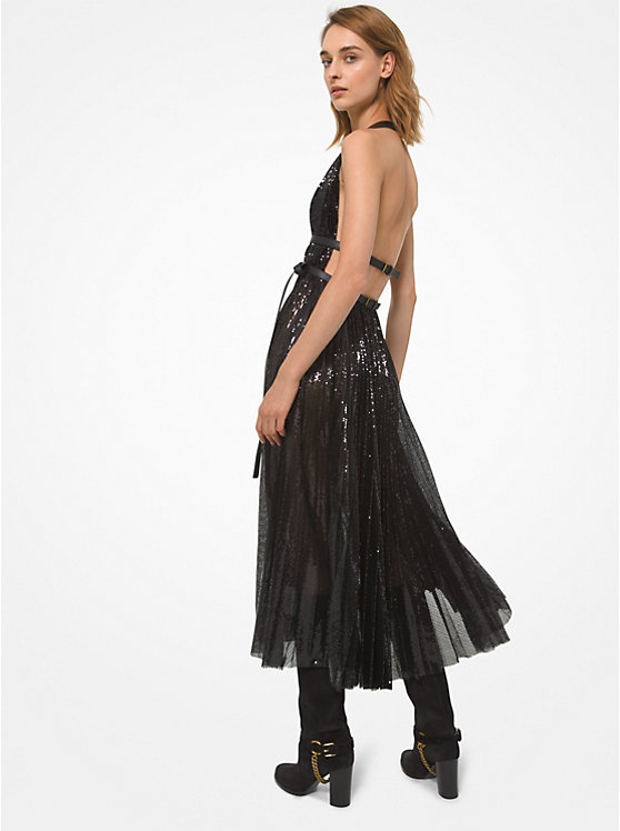 Leather Trim Sequined Tulle Halter Dress image number 1