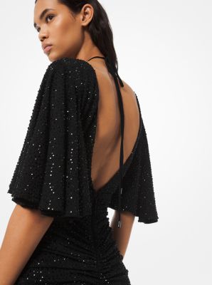 Crystal Embroidered Stretch Matte-Jersey Ruched Cutout Dress