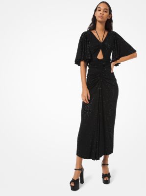 Crystal Embroidered Stretch Matte-Jersey Ruched Cutout Dress