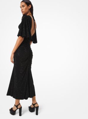 Crystal Embroidered Stretch Matte-Jersey Ruched Cutout Dress