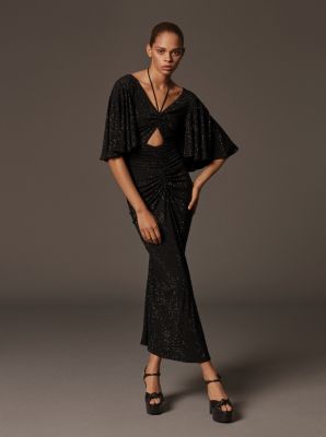 Crystal Embroidered Stretch Matte-Jersey Ruched Cutout Dress