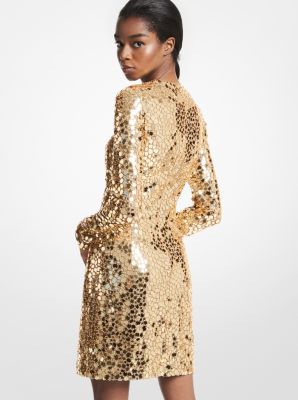 Vestido de tul el&aacute;stico con espejos bordados a mano in TOSTADO SUAVE | Michael Kors