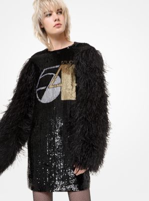 Studio 54 Sequined Silk-Georgette Feather-Sleeve Shift Dress