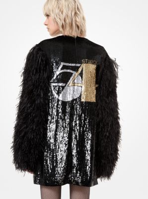 Studio 54 Sequined Silk-Georgette Feather-Sleeve Shift Dress