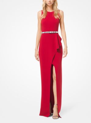 Ruffled Stretch Wool-Crepe Belted Gown in CRIMSON | Michael Kors