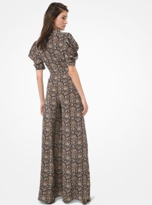 Jumpsuit de crep&eacute; de China y seda de pierna ancha con motivo floral in LUGGAGE | Michael Kors