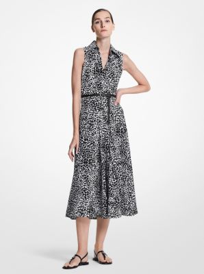 Ocelot Silk Crepe De Chine Sleeveless Shirtdress in BLACK/WHITE | Michael Kors