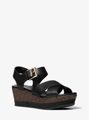 Neva Leather and Logo Wedge Sandal in BLK/BROWN | Michael Kors