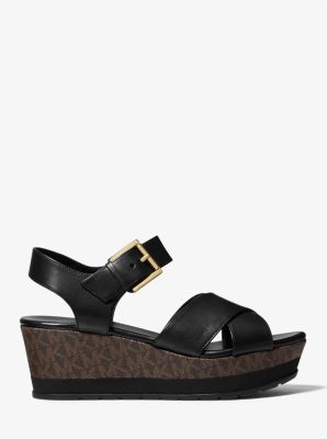 Neva Leather and Logo Wedge Sandal in BLK/BROWN | Michael Kors